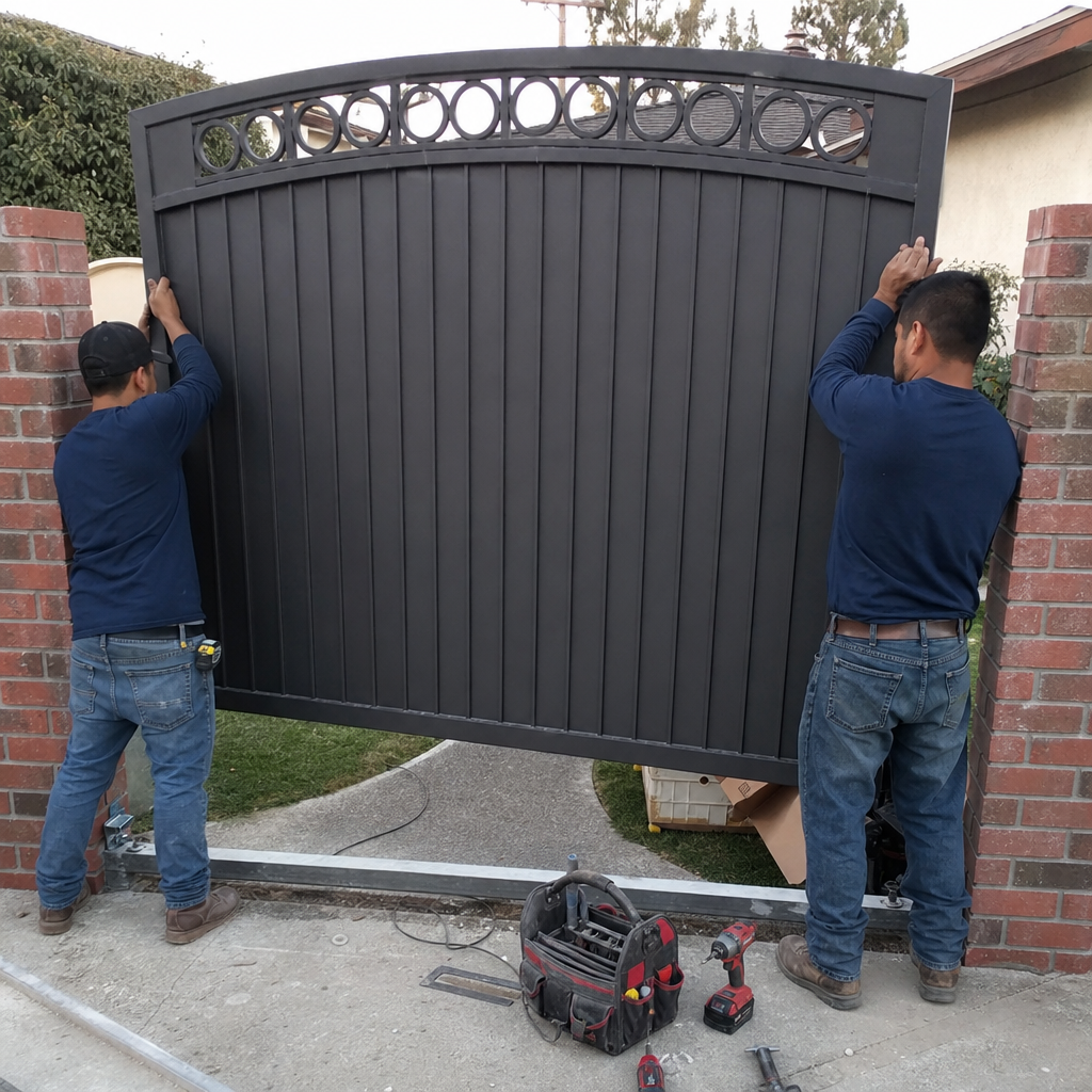 Men installing a black metal gate with decorative circles
