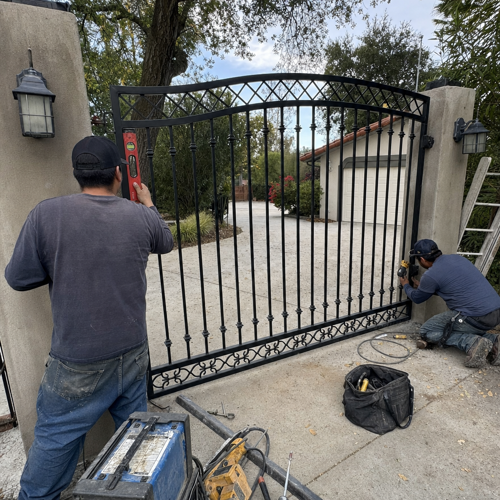 Gate installation by professionals using level and drill
