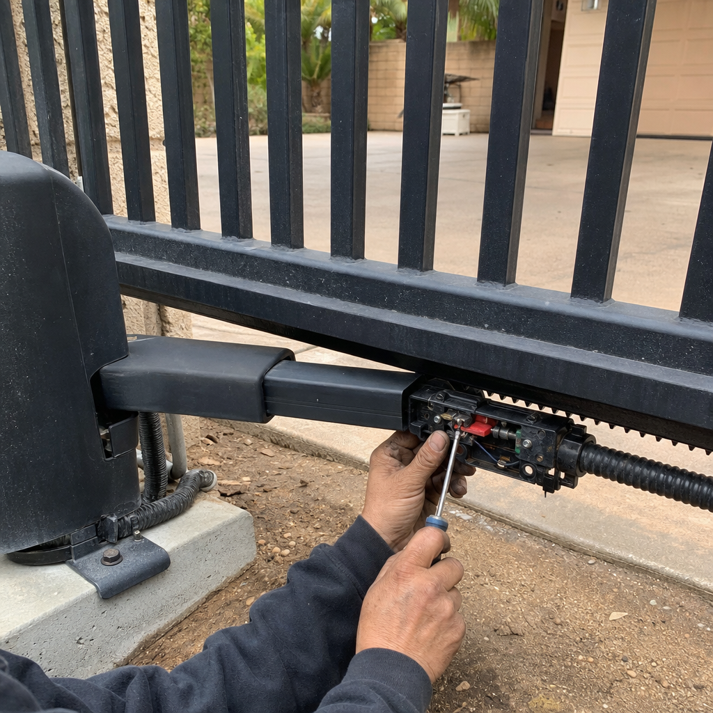 Gate motor and opener repair by a technician using a screwdriver.