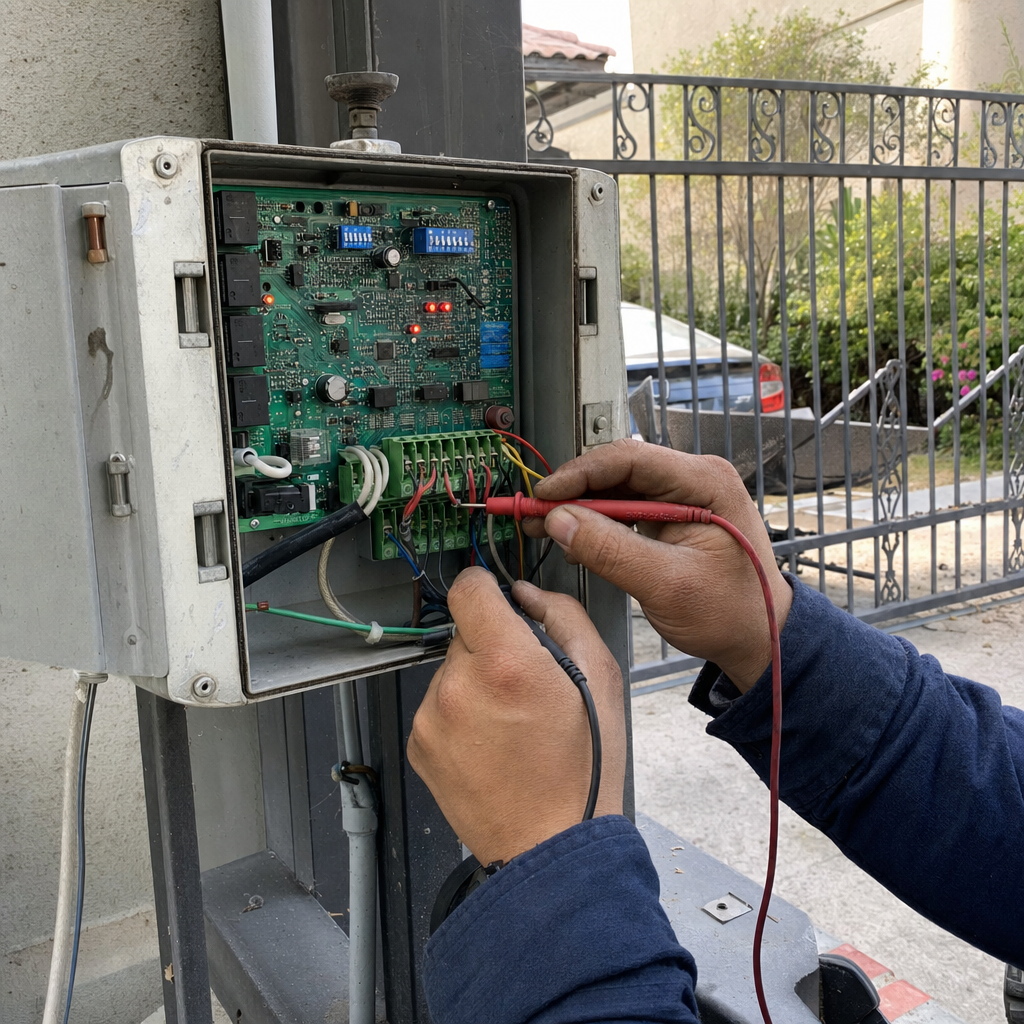 Technician testing gate motor opener circuitry