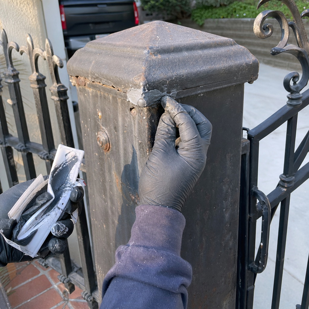Gloved hand repairing metal gate post with sealant