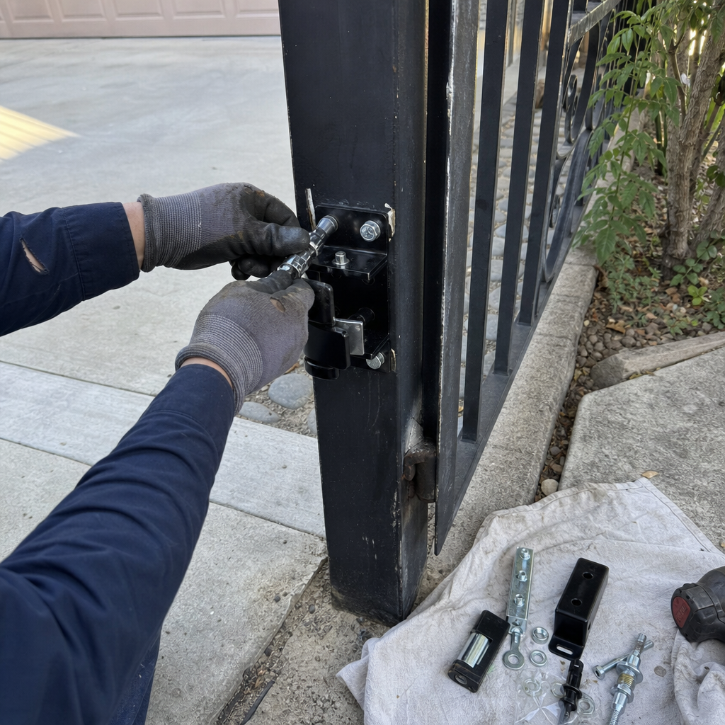 Gate repair technician tightening lock on a black metal gate