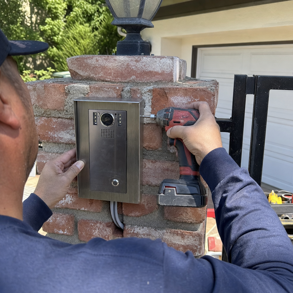 Gate access control installation with drill