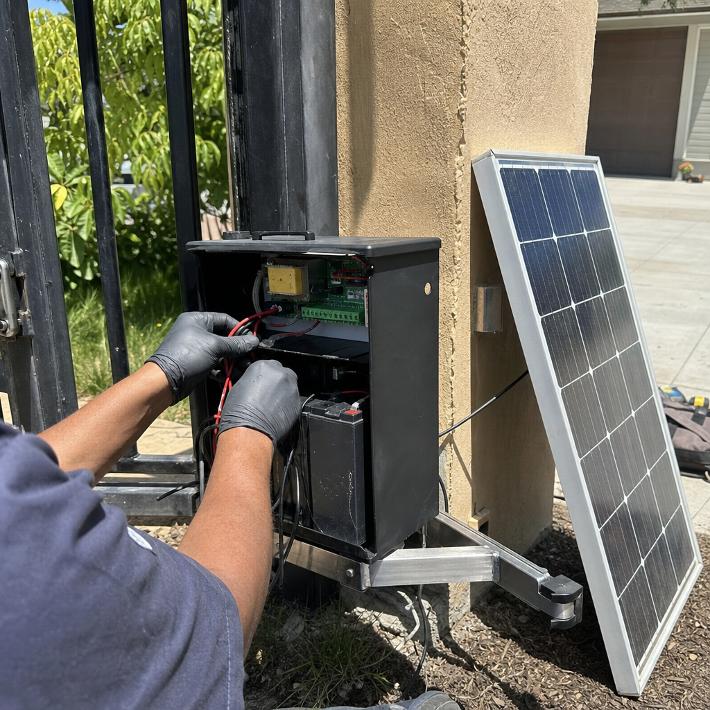Technician installing gate access control system with solar power