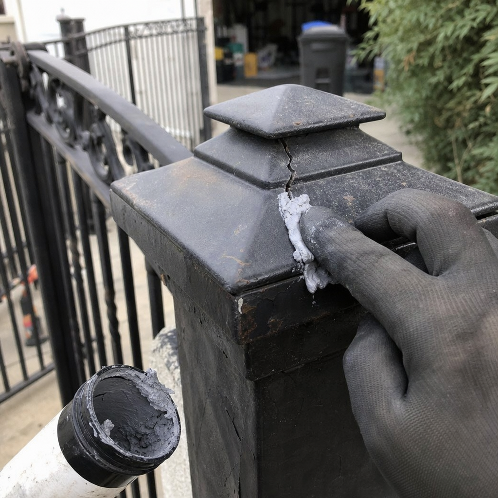 Gate repair with filler on decorative post cap